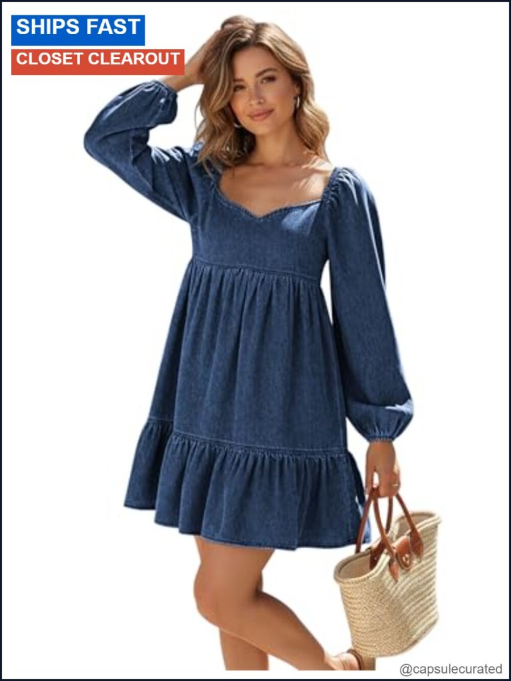 Women's Denim Dress Long Sleeve Sweetheart Neckline Mini A-Line